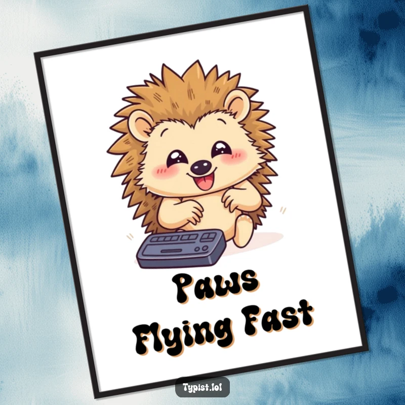 Funny poster art of a happy hedgehog typing rapidly, paws flying, symbolizing humorous speed and efficiency for any workspace or room.