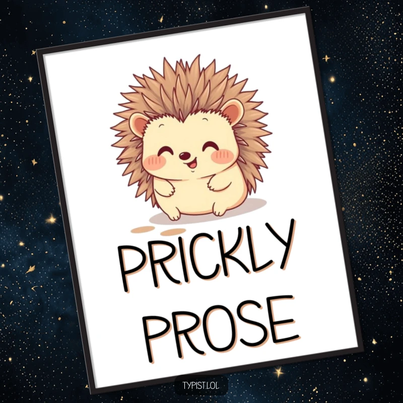 Funny hedgehog poster showing a happy hedgehog using its quills to type, leaving ink artistic marks, full of charm.