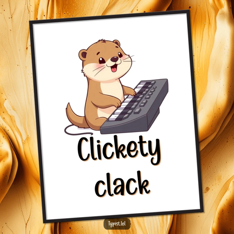 Funny poster of a joyful otter character typing away on a giant keyboard, bringing cheerful tech vibes to the room.
