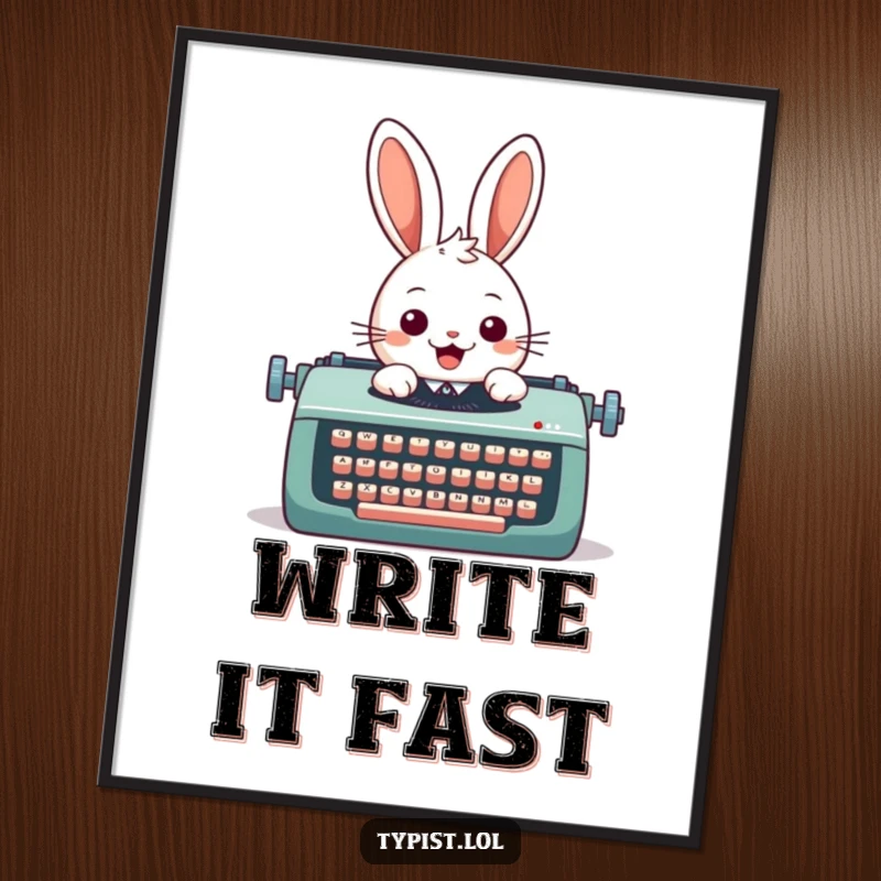 Funny poster of a cheerful rabbit enthusiastically typing on an oversized typewriter, bringing literary charm and humor to any room.