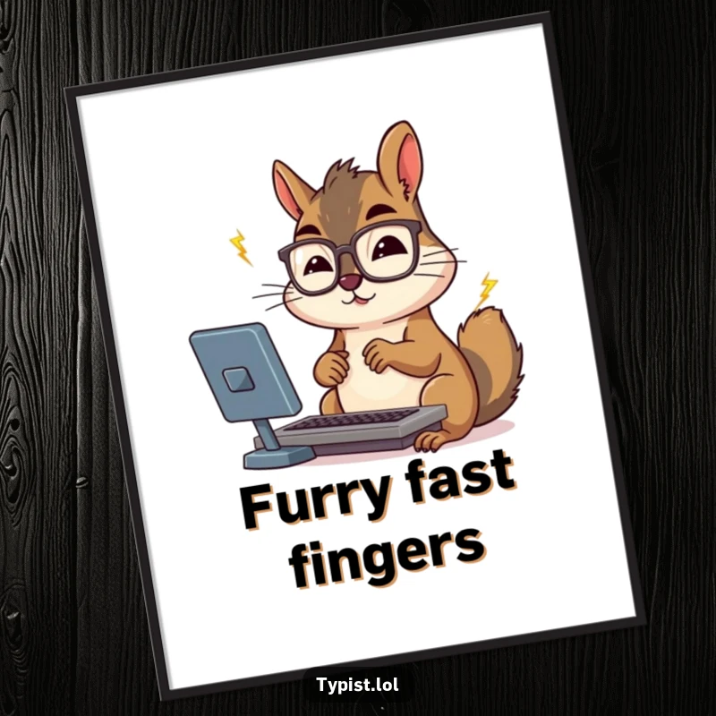 Funny squirrel wearing spectacles typing intensely on a keyboard, displayed as a motivational poster.