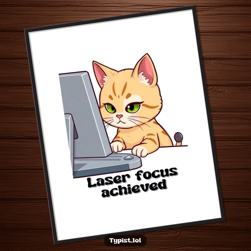 Funny poster depicting a cat with a piercing, single-eyed stare fixed solely on a computer screen, a humorous take on focus.