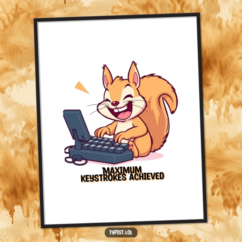Funny squirrel in a typing marathon, grinning wildly at a massive keyboard, a humorous wall art piece for any office or room.