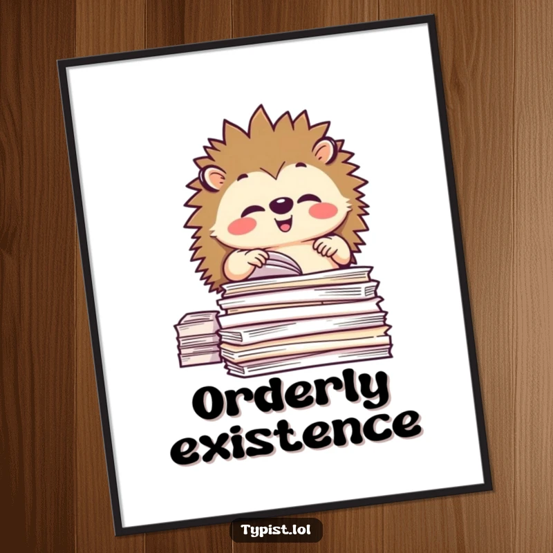 Funny poster art of a happy hedgehog meticulously organizing stacks of paper, conveying humorous tidiness.