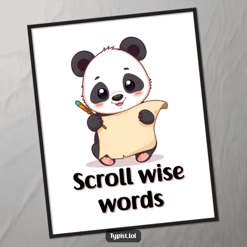 Funny Panda Quill Poster: A giggling panda scribbles on a scroll with a quill pen. Whimsical wall decor.