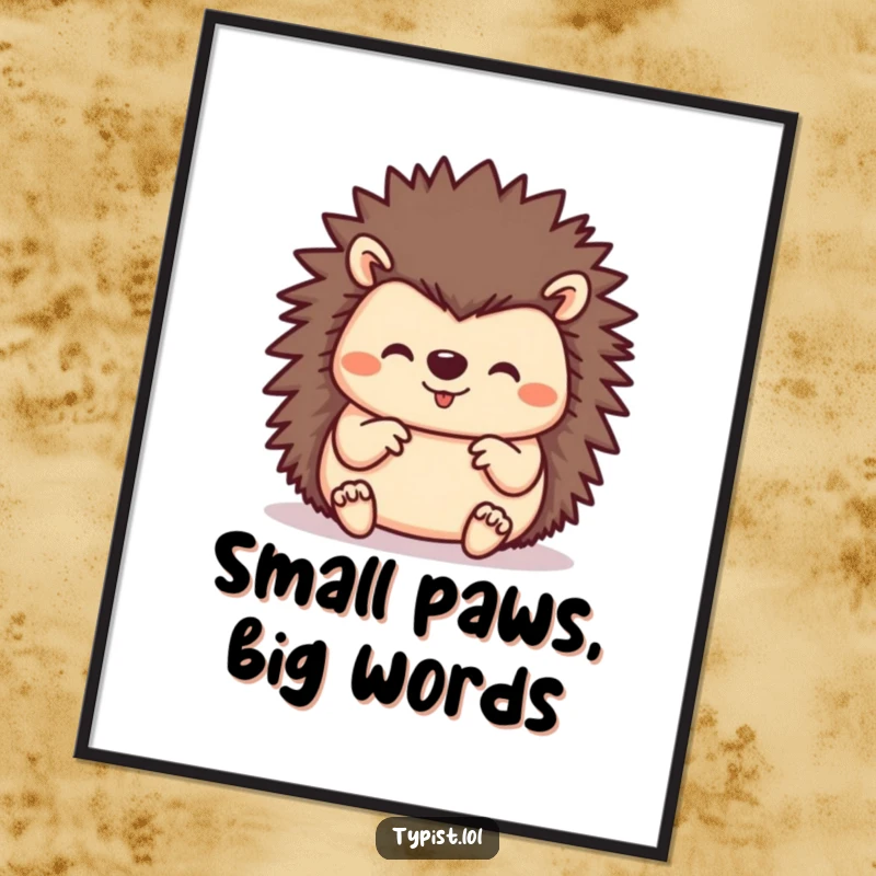 Funny hedgehog with all tiny paws typing rapidly, a humorous wall art piece celebrating productivity and adorable creatures.