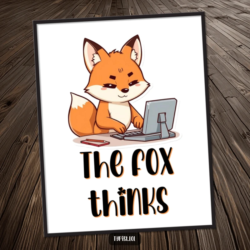 Funny poster art of a happy fox intensely typing, brow furrowed in concentration, embodying sharp intellect and focus.