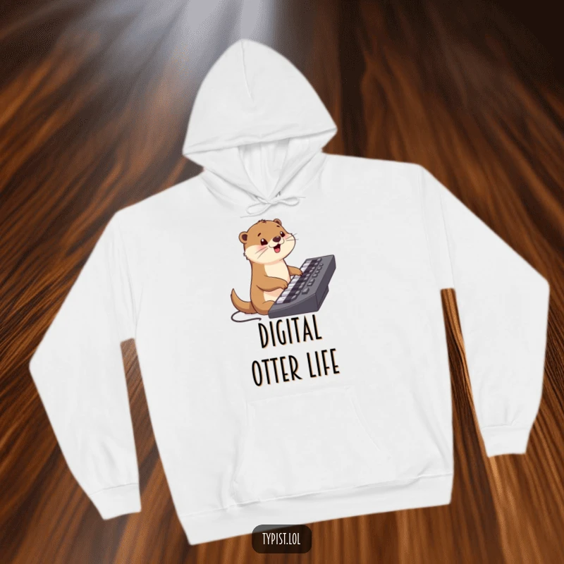 Funny hoodie featuring a joyful otter character typing diligently on a massive keyboard, perfect for cozy coding sessions.