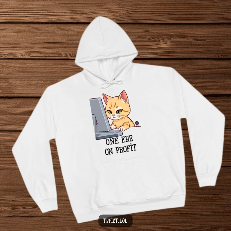 Funny hoodie showcasing a cat's singular, intense focus on a computer screen with one eye, representing deep digital engagement.