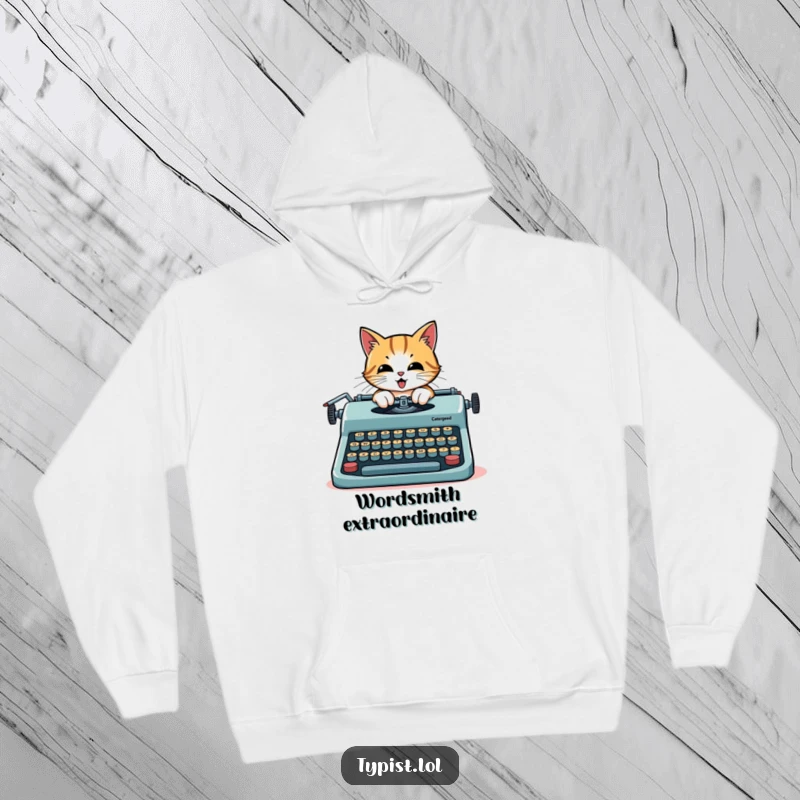 Funny cat scribe hoodie, a determined cat enthusiastically typing on a giant typewriter, radiating literary focus.