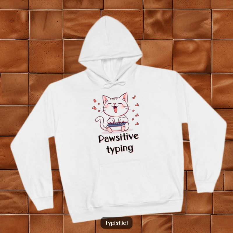 Funny hoodie with a delighted cat typing furiously, letters scattering, embodying energetic creativity and feline passion.