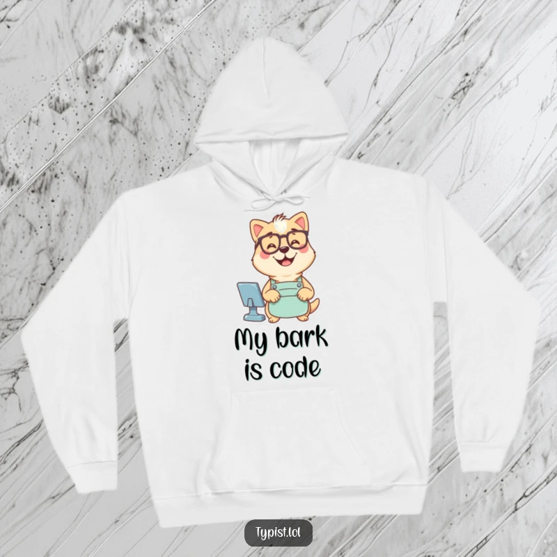 Funny hoodie depicting a smiling dog wearing glasses and an apron, diligently typing computer commands, a symbol of intelligence.