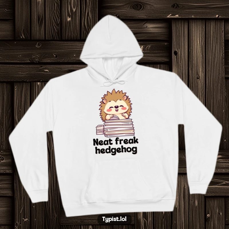 Funny hoodie design of a happy hedgehog character meticulously organizing stacks of paper, embodying organized calm.