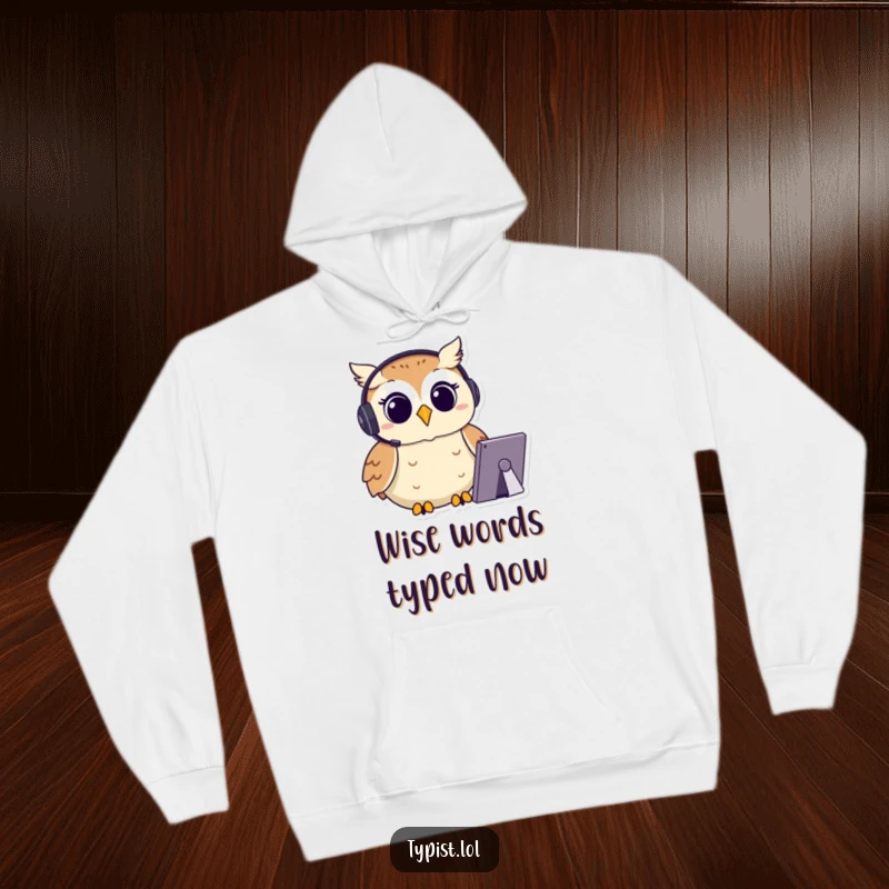 Funny Owl Hoodie: A happy owl wearing a headset types with intense focus, a warm and humorous gift for the diligent.
