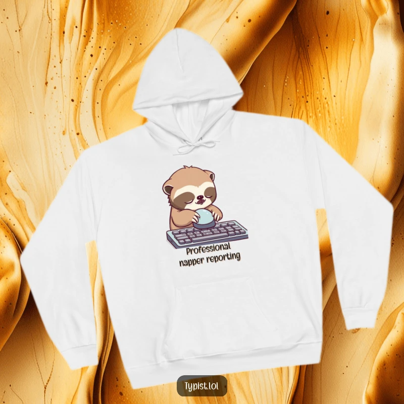 Funny sloth hoodie, sleepy sloth slowly pressing a giant keyboard button, cozy and warm.