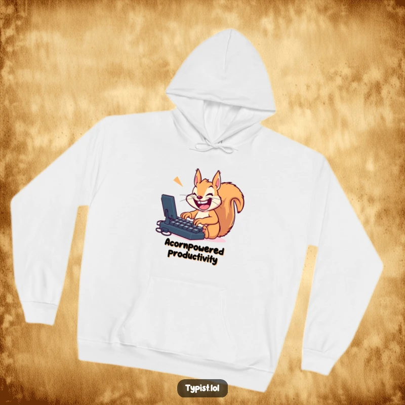 Funny, happy squirrel intensely typing on a huge keyboard, embodying productivity and joy, making this a cozy and humorous hoodie.