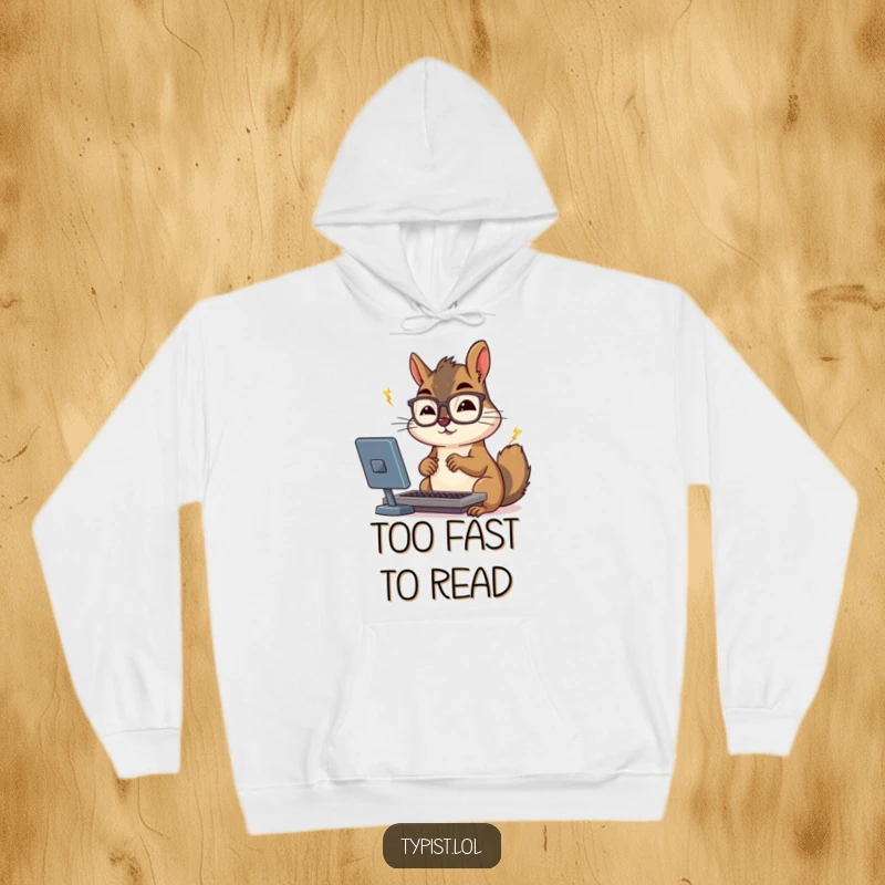 Funny determined squirrel wearing spectacles typing quickly on a laptop, featured on a cozy hoodie.