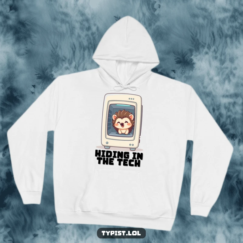 Funny Hedgehog Hoodie: A giggling hedgehog peeks from a computer tower, a warm and humorous gift for tech lovers.
