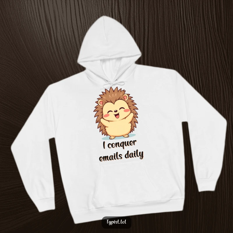 Funny hoodie featuring a happy hedgehog with a triumphant expression after hitting send, ideal for cozy celebration.