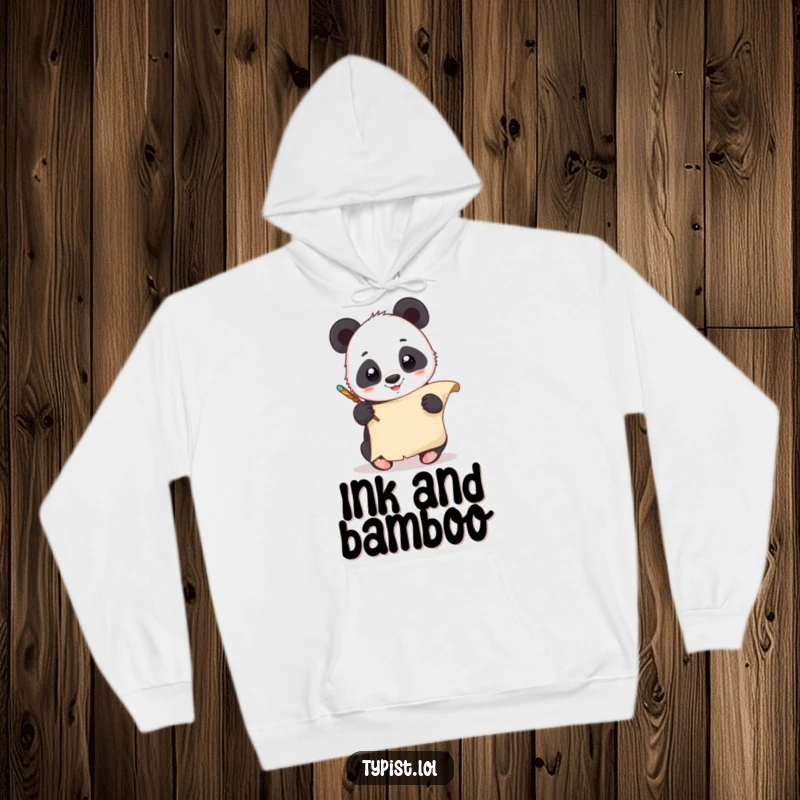Funny Panda Quill Hoodie: A giggling panda scribbles with a quill on a scroll. Warm and funny.