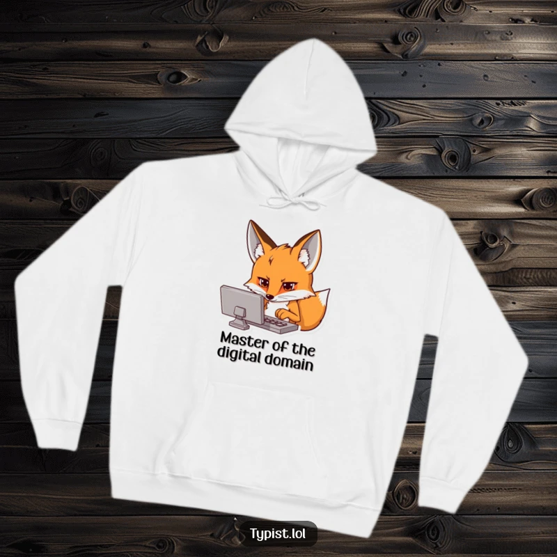 Funny hoodie with a curious fox intensely focused on a screen, typing hands busy, ideal for comfort.