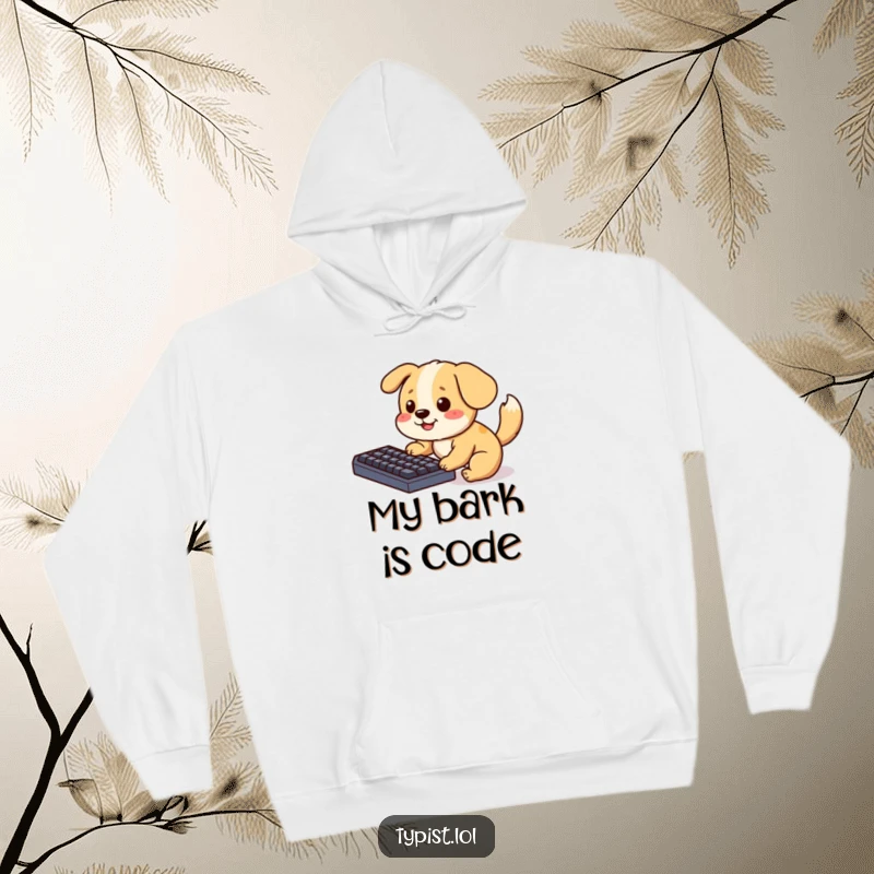 Funny Hoodie featuring a playful dog wagging its tail while its paws are busy pecking at a computer keyboard, offering cozy humor.
