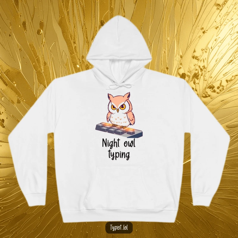 Funny Hoodie showing a determined owl pecking at illuminated keyboard keys, offering warmth and a humorous representation of deep concentration.
