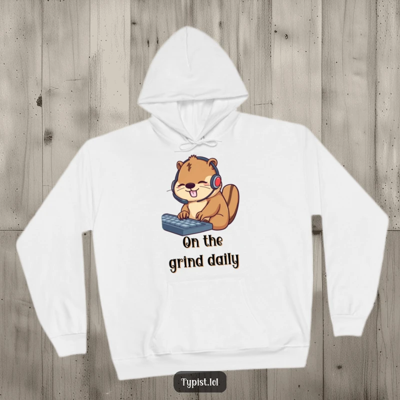 Funny hoodie with a busy beaver wearing a headset, tapping keys enthusiastically, offering warmth and a humorous work-related design.