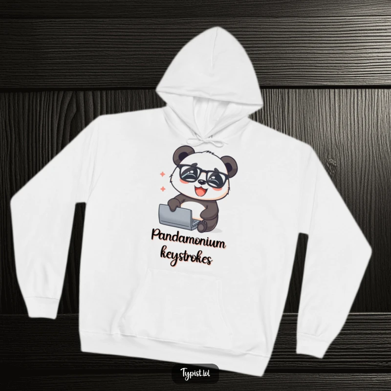 Funny panda wearing glasses, typing with happy concentration, symbolizing cozy intellect and a love for learning in this warm hoodie.