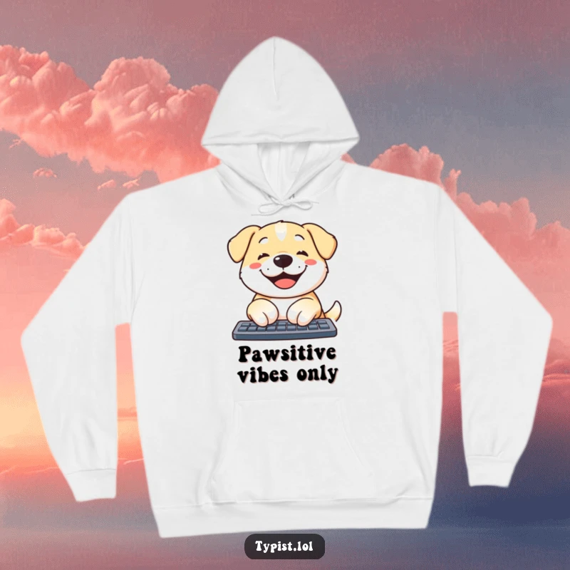 Funny dog hoodie depicting a cheerful dog smiling while enthusiastically typing on a laptop keyboard, making it a humorous apparel.