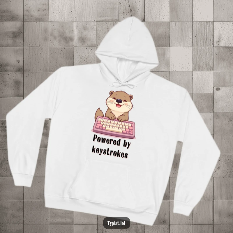 Funny hoodie with a happy otter typing rapidly on a giant keyboard, offering warmth and a cute, work-themed design.