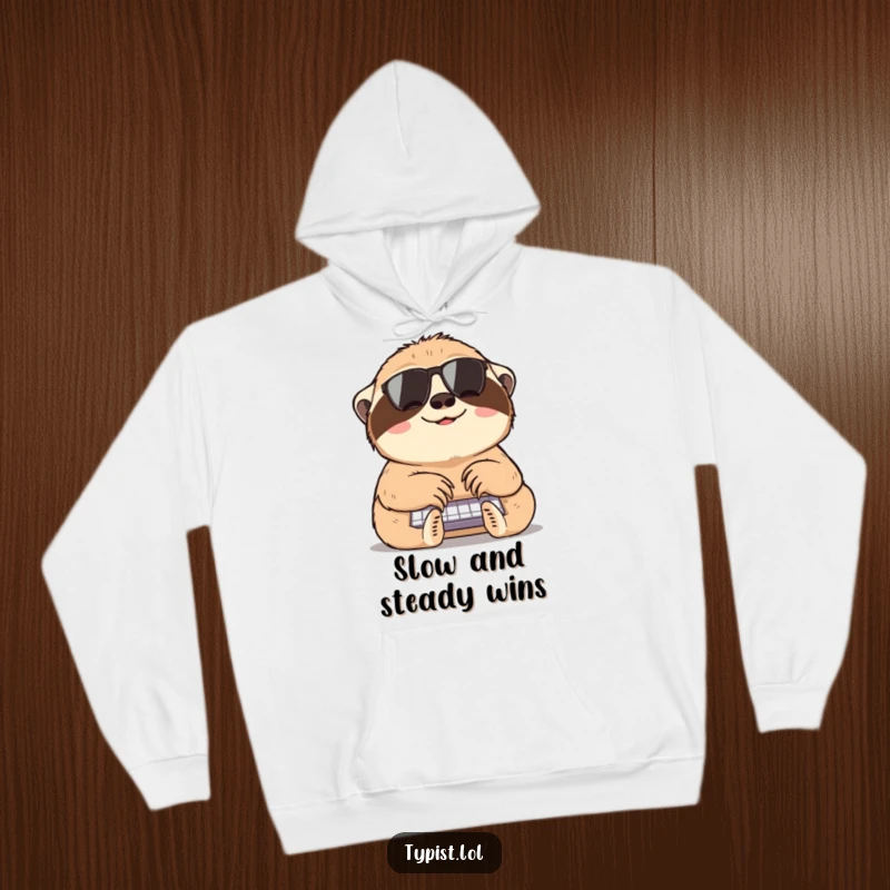 Funny sloth hoodie showing a content sloth typing slowly, bringing warmth and humor to any occasion, a great gift.