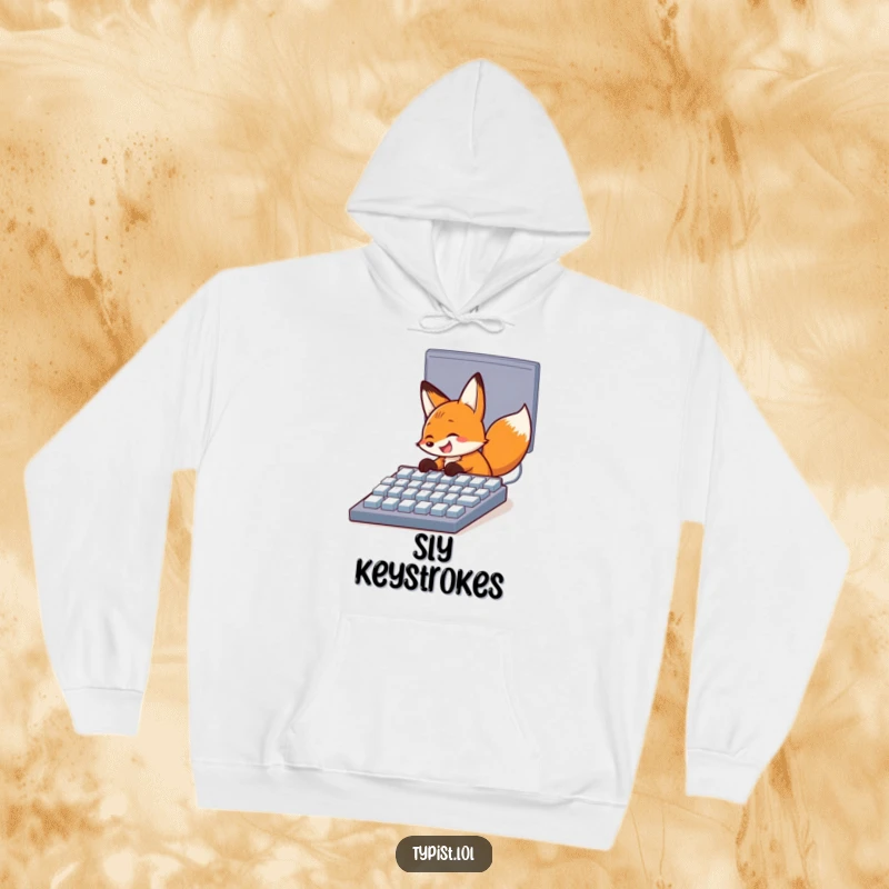 Funny hoodie with a happy fox pecking at a large computer keyboard, showcasing enthusiasm for technology and humor.