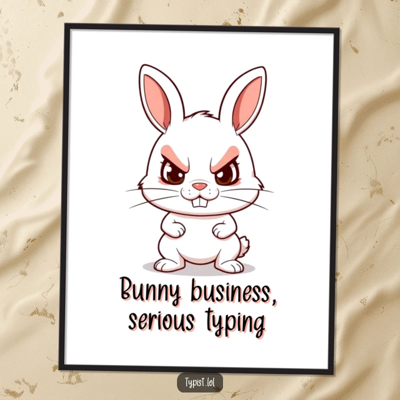 Funny Free Printable Wall Art: A rabbit with a determined grin is typing at lightning speed, showcasing focus.