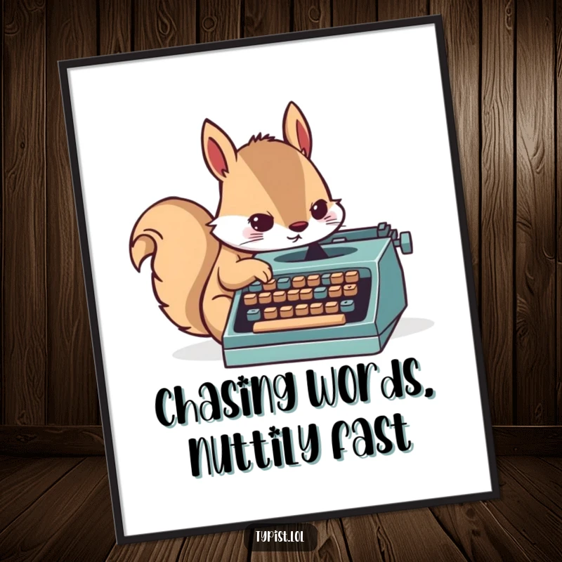 Funny Free Printable Wall Art: Determined squirrel furiously tapping keys on a tiny typewriter, literary-themed downloadable decor.