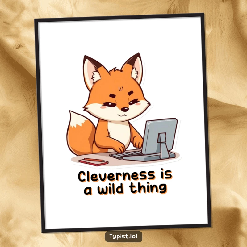 Funny Free Printable Wall Art of a happy fox typing with intense concentration, brow furrowed in thought.