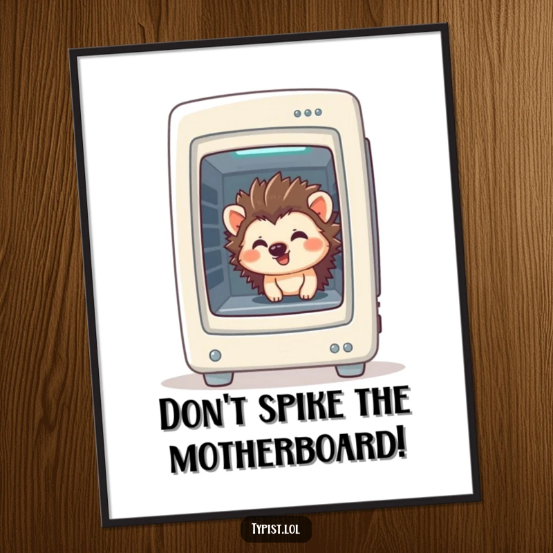 Funny Free Printable Wall Art: A giggling hedgehog peeking from inside a computer tower, a humorous and quirky tech design.