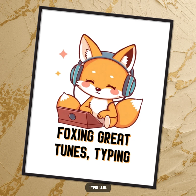Funny Free Printable Wall Art: A stylish fox wearing headphones bops its head while typing a cool beat.