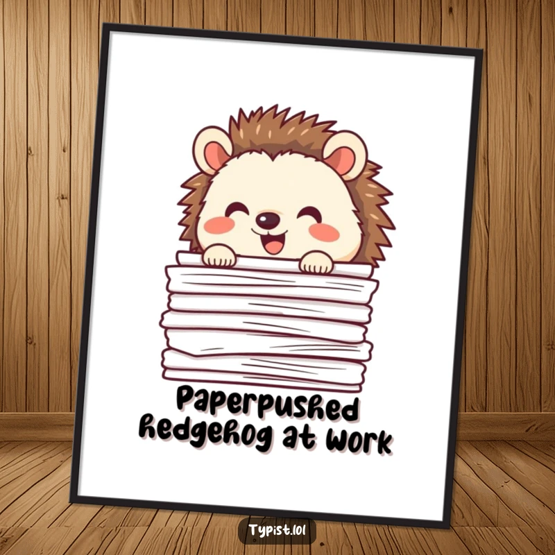 Funny Free Printable Wall Art: A happy hedgehog with a wide grin, peeking curiously from behind a messy stack of papers.