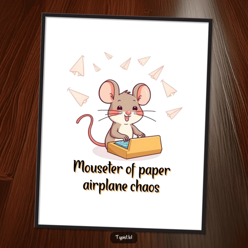 Funny Free Printable Wall Art: Brave mouse typing with unwavering focus, surrounded by falling paper airplanes in a whimsical scene.