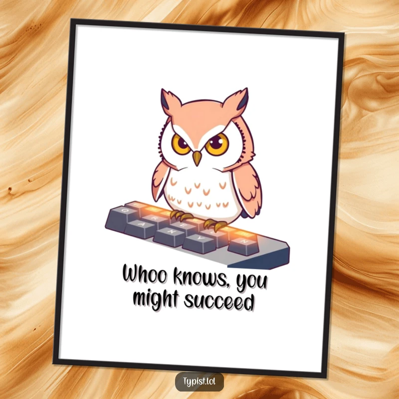 Funny Free Printable Wall Art of a determined owl with sharp eyes, intensely pecking at luminous keyboard keys.