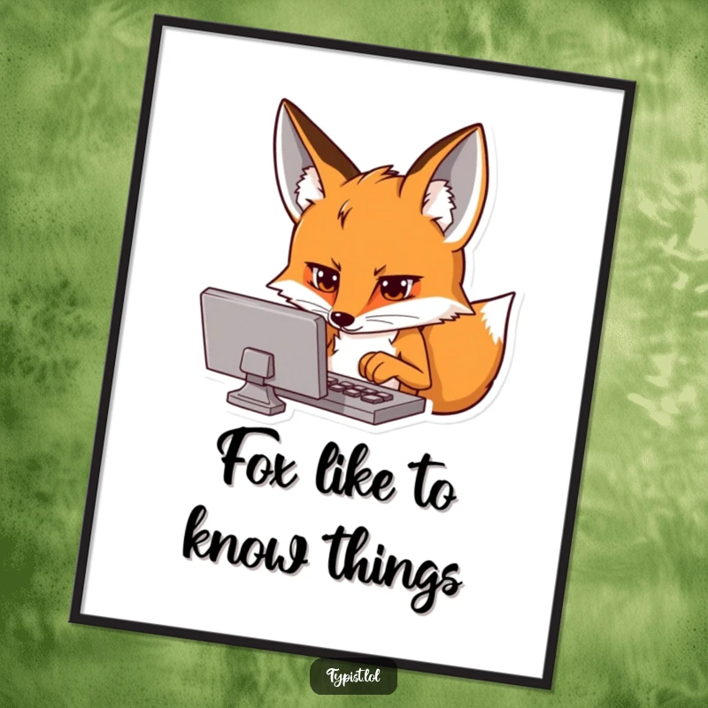 Funny Free Printable Wall Art: A fox with intense focus staring at a computer screen, typing rapidly with its paws.