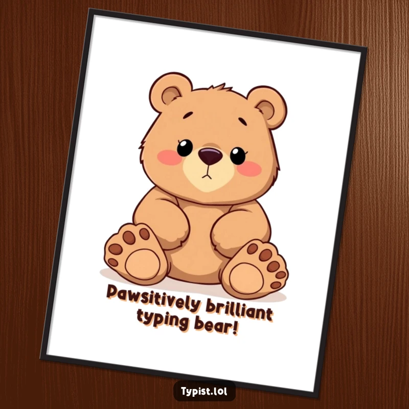 Funny Free Printable Wall Art: A determined bear typing with oversized cartoon paws, a humorous and charming piece.