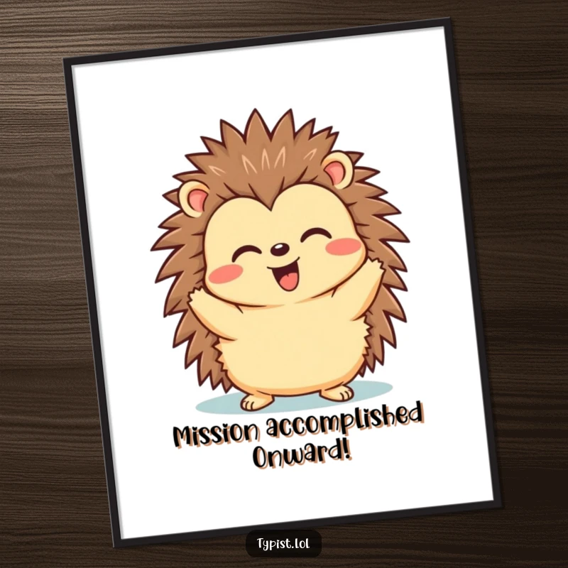 Funny Free Printable Wall Art: A hedgehog beaming triumphantly after successfully hitting the send button on a device.