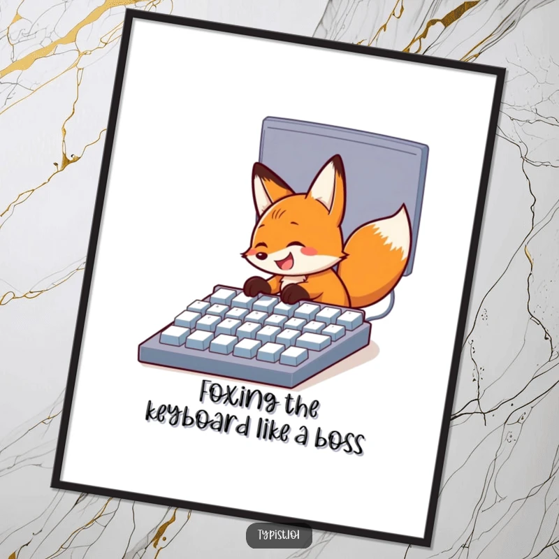 Funny Free Printable Wall Art: A happy fox grinning while quickly pecking at a giant computer keyboard, digital fun.