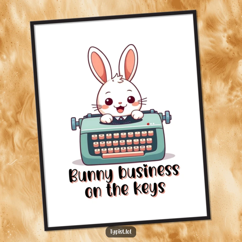 Funny Free Printable Wall Art: A cheerful rabbit enthusiastically tapping keys on an oversized typewriter, whimsical and fun.
