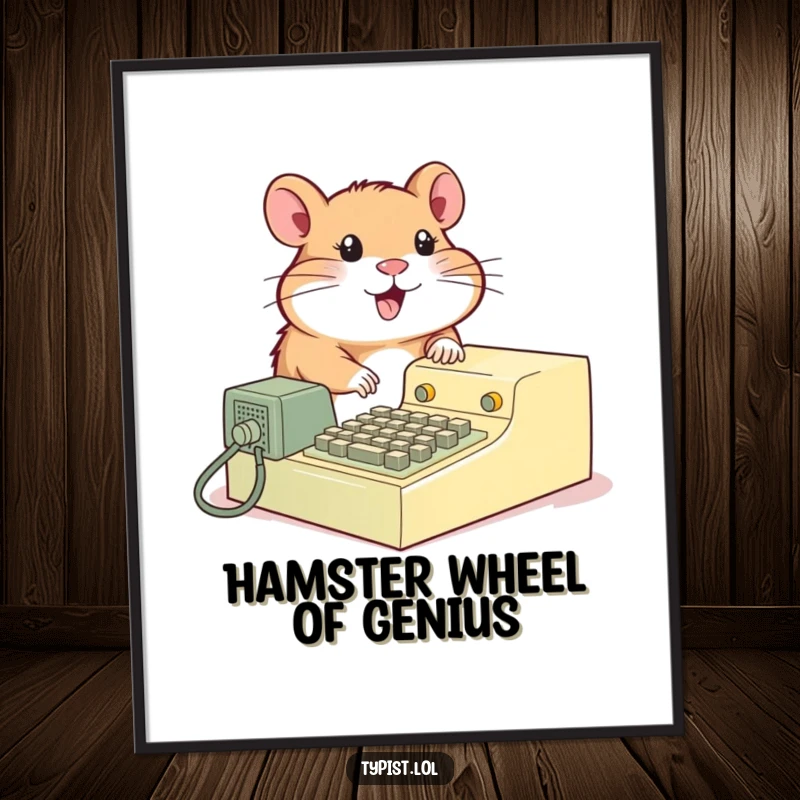 Funny Free Printable Wall Art showing a gleeful hamster operating a bulky vintage typing machine, full of retro charm.