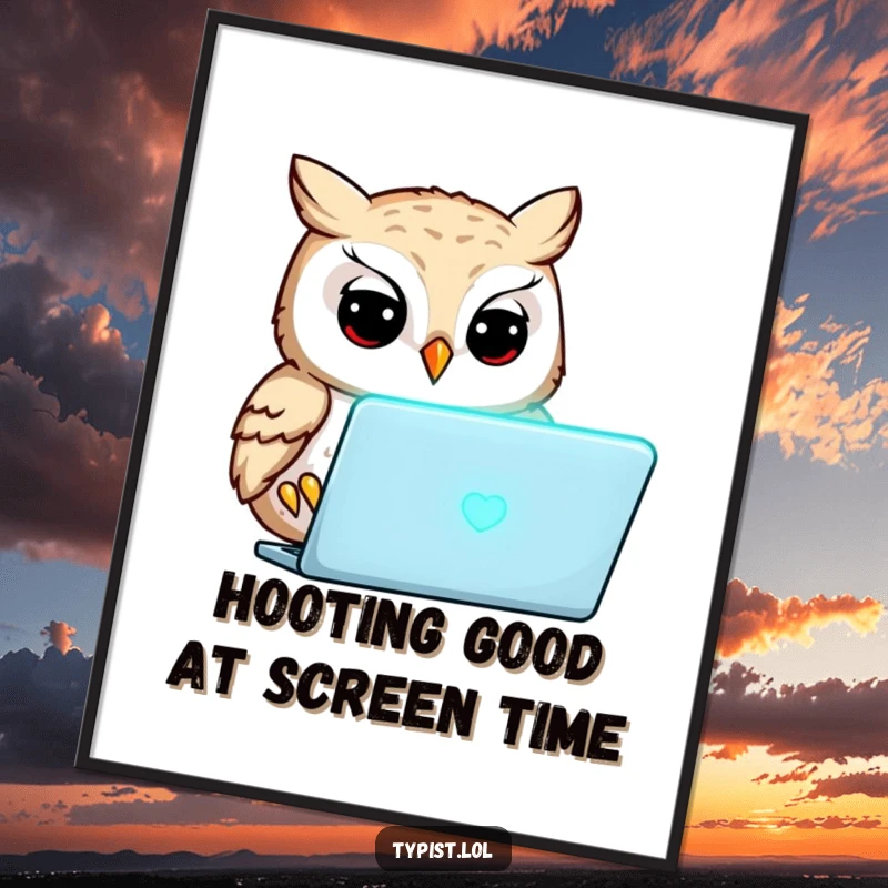 Funny Free Printable Wall Art: Focused owl with wide, bright eyes, staring intently at a glowing laptop screen.