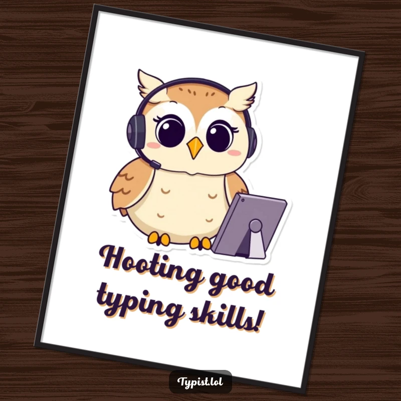 Funny Free Printable Wall Art: A happy owl wearing a headset, typing with intense focus, a smart and humorous art piece.