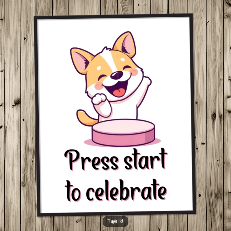 Funny Free Printable Wall Art: Energetic dog at a giant button, ready to unleash joy and laughter.